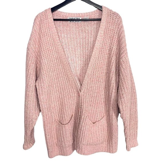 Vintage Sweaters - Vintage 80s Oversized Pink Knit Grannycore Cardigan Large